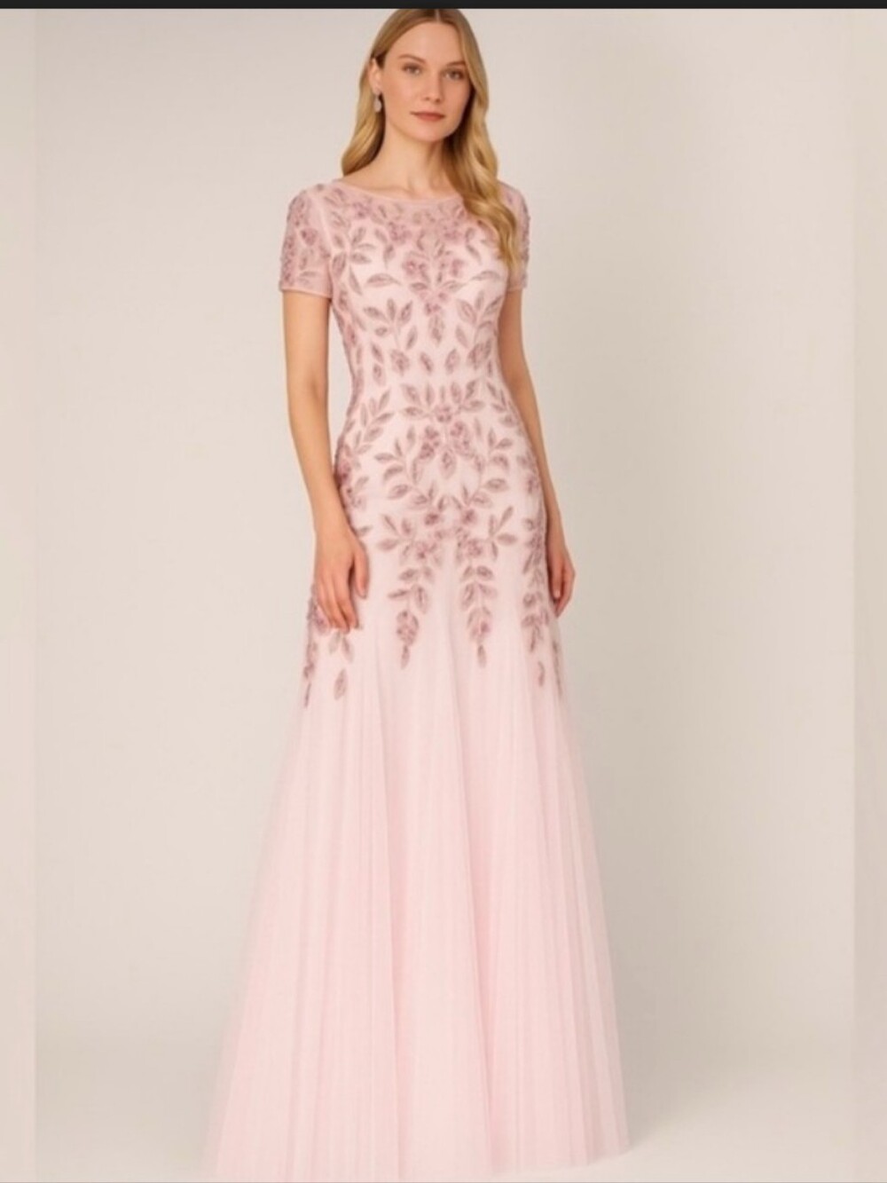 Elegant Blush Pink Adrianna Papell Embroidered A-Line Evening Dress W/Godets 20W
